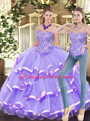 Sweetheart Sleeveless Organza Quince Ball Gowns Appliques and Ruffled Layers Zipper