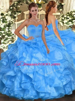 Popular Baby Blue Ball Gowns Beading and Ruffles Quinceanera Dress Lace Up Organza Sleeveless Floor Length