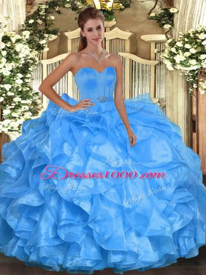 Popular Baby Blue Ball Gowns Beading and Ruffles Quinceanera Dress Lace Up Organza Sleeveless Floor Length