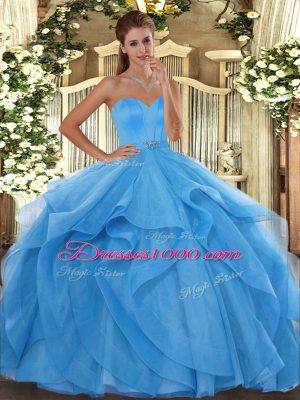 Low Price Baby Blue Tulle Lace Up Sweetheart Sleeveless Floor Length Sweet 16 Dresses Beading and Ruffles