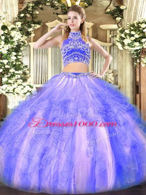 Beading and Ruffles Quince Ball Gowns Lavender Backless Sleeveless Floor Length