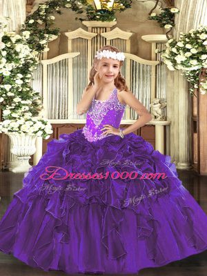 Purple Sleeveless Beading and Ruffles Floor Length Glitz Pageant Dress