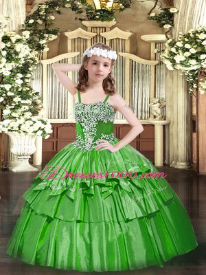 Perfect Green Straps Lace Up Appliques and Ruffled Layers Little Girl Pageant Gowns Sleeveless