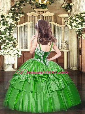 Perfect Green Straps Lace Up Appliques and Ruffled Layers Little Girl Pageant Gowns Sleeveless