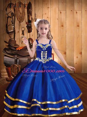 Sweet Organza Straps Sleeveless Lace Up Embroidery and Ruffled Layers Child Pageant Dress in Royal Blue