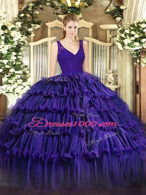 Attractive V-neck Sleeveless Organza Ball Gown Prom Dress Beading and Lace and Ruffled Layers Backless