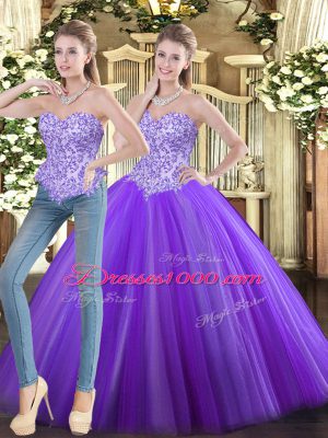 Custom Fit Sweetheart Sleeveless 15 Quinceanera Dress Floor Length Beading Eggplant Purple Tulle