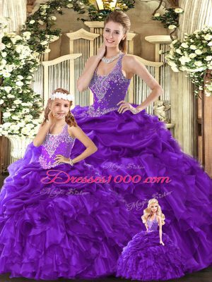 Perfect Purple Ball Gowns Straps Sleeveless Organza Floor Length Lace Up Beading and Ruffles Sweet 16 Quinceanera Dress