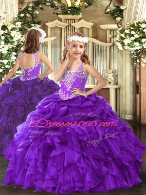 Perfect Purple Ball Gowns Straps Sleeveless Organza Floor Length Lace Up Beading and Ruffles Sweet 16 Quinceanera Dress