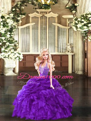 Perfect Purple Ball Gowns Straps Sleeveless Organza Floor Length Lace Up Beading and Ruffles Sweet 16 Quinceanera Dress
