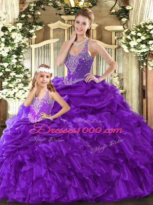 Perfect Purple Ball Gowns Straps Sleeveless Organza Floor Length Lace Up Beading and Ruffles Sweet 16 Quinceanera Dress