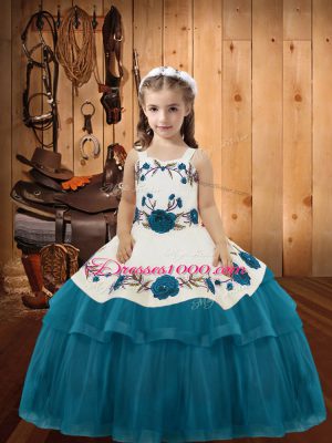 Organza Straps Sleeveless Lace Up Embroidery and Ruffled Layers High School Pageant Dress in Teal