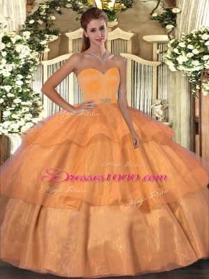 Elegant Orange Quinceanera Dress Military Ball and Sweet 16 and Quinceanera with Beading and Ruffled Layers Sweetheart Sleeveless Lace Up