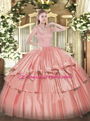 Exceptional Coral Red Sleeveless Beading and Ruffled Layers Floor Length Quinceanera Dresses