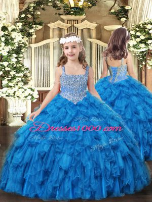 Baby Blue Ball Gowns Beading and Ruffles Kids Formal Wear Lace Up Tulle Sleeveless Floor Length