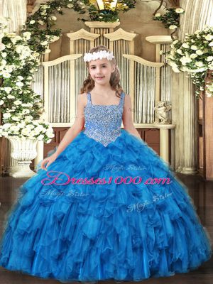 Baby Blue Ball Gowns Beading and Ruffles Kids Formal Wear Lace Up Tulle Sleeveless Floor Length