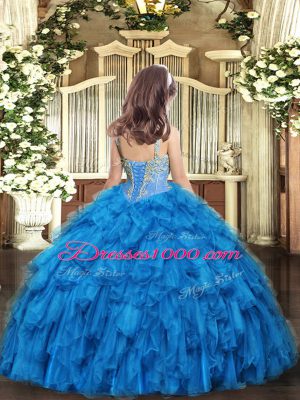 Baby Blue Ball Gowns Beading and Ruffles Kids Formal Wear Lace Up Tulle Sleeveless Floor Length