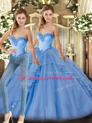 Shining Sweetheart Sleeveless Sweet 16 Dresses Floor Length Beading and Ruffles Baby Blue Organza