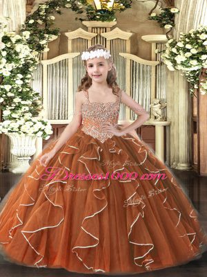 Sleeveless Floor Length Beading and Ruffles Lace Up Little Girls Pageant Dress with Brown