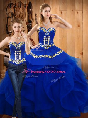 Blue Sweetheart Neckline Embroidery and Ruffles Sweet 16 Quinceanera Dress Sleeveless Lace Up