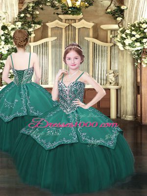 Floor Length Ball Gowns Sleeveless Dark Green Pageant Dress for Teens Lace Up
