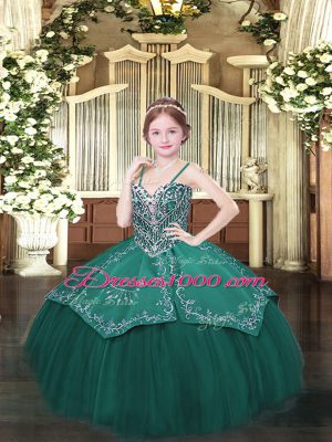 Floor Length Ball Gowns Sleeveless Dark Green Pageant Dress for Teens Lace Up