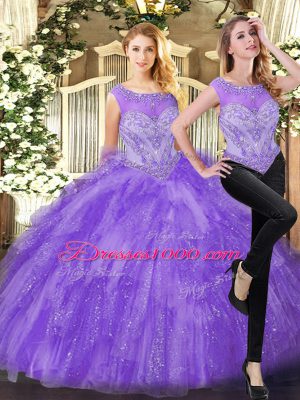 Designer Sleeveless Floor Length Beading and Ruffles Zipper Quince Ball Gowns with Eggplant Purple