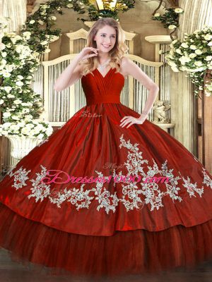Wine Red Ball Gowns V-neck Sleeveless Satin and Tulle Floor Length Zipper Embroidery 15 Quinceanera Dress