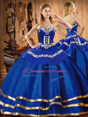 Blue Organza Lace Up Quince Ball Gowns Sleeveless Floor Length Embroidery