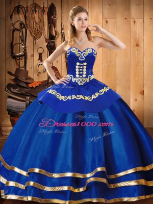 Blue Organza Lace Up Quince Ball Gowns Sleeveless Floor Length Embroidery