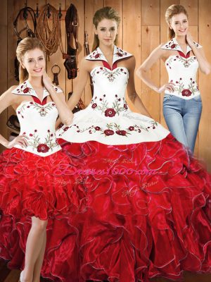 Sweet Halter Top Sleeveless Quinceanera Dress Floor Length Embroidery and Ruffles White And Red Satin and Organza