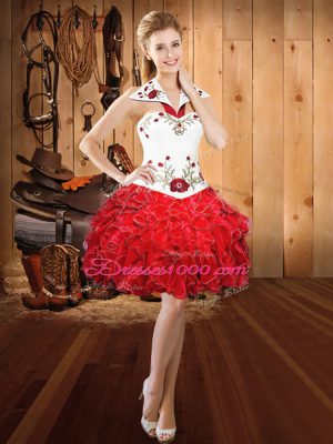 Sweet Halter Top Sleeveless Quinceanera Dress Floor Length Embroidery and Ruffles White And Red Satin and Organza