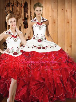 Sweet Halter Top Sleeveless Quinceanera Dress Floor Length Embroidery and Ruffles White And Red Satin and Organza