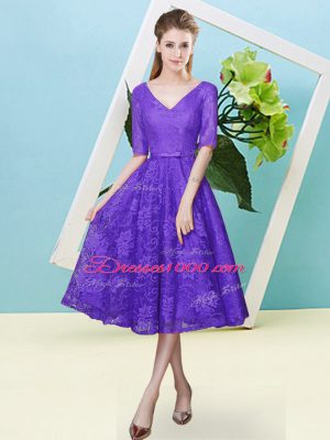 Purple Lace Up V-neck Bowknot Quinceanera Court Dresses Lace Half Sleeves