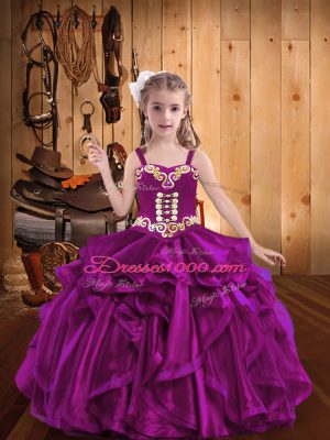 Sleeveless Floor Length Embroidery and Ruffles Lace Up Little Girls Pageant Gowns with Fuchsia