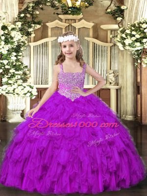 Attractive Floor Length Ball Gowns Sleeveless Purple Little Girl Pageant Dress Lace Up