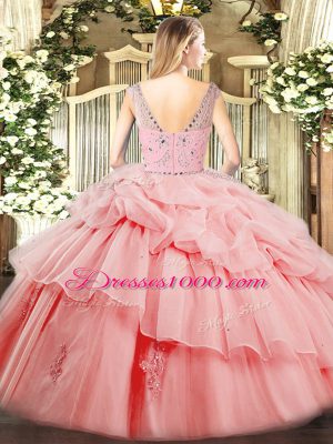 Rose Pink Tulle Zipper Bateau Sleeveless Floor Length Vestidos de Quinceanera Beading and Ruffles and Pick Ups