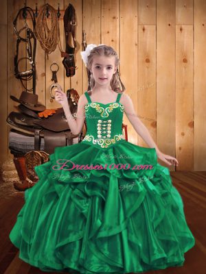 Straps Sleeveless Little Girls Pageant Gowns Floor Length Beading and Embroidery and Ruffles Turquoise Organza