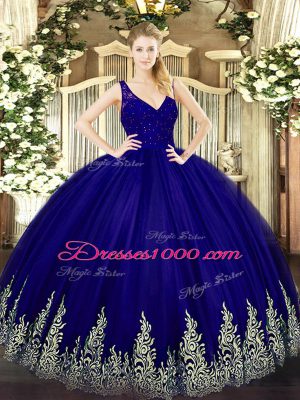 Sleeveless Floor Length Beading and Lace and Appliques Backless Sweet 16 Dresses with Purple