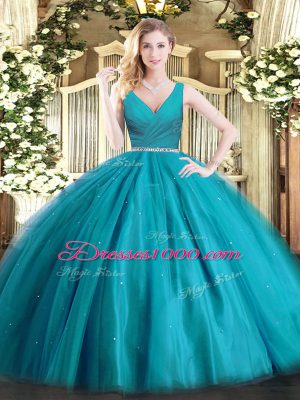 Teal Sleeveless Beading Floor Length Sweet 16 Dresses