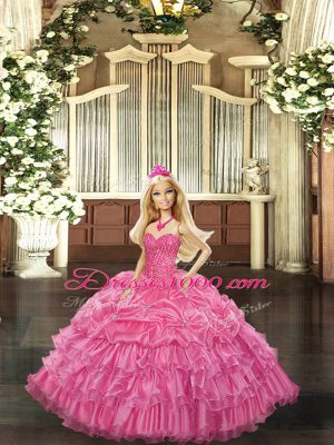 Fine Rose Pink Ball Gowns Beading and Ruffled Layers Ball Gown Prom Dress Lace Up Organza Sleeveless Floor Length