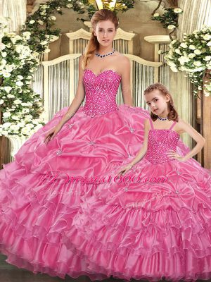 Fine Rose Pink Ball Gowns Beading and Ruffled Layers Ball Gown Prom Dress Lace Up Organza Sleeveless Floor Length