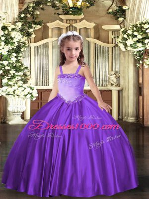 Top Selling Lavender Ball Gowns Satin Straps Sleeveless Appliques Floor Length Lace Up Custom Made Pageant Dress