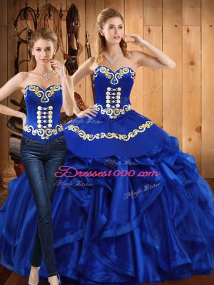 Comfortable Royal Blue Organza Lace Up Sweetheart Sleeveless Floor Length Quinceanera Gowns Embroidery and Ruffles