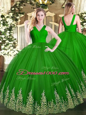 Sleeveless Tulle Floor Length Zipper Quinceanera Gowns in Green with Appliques