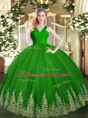 Sleeveless Tulle Floor Length Zipper Quinceanera Gowns in Green with Appliques