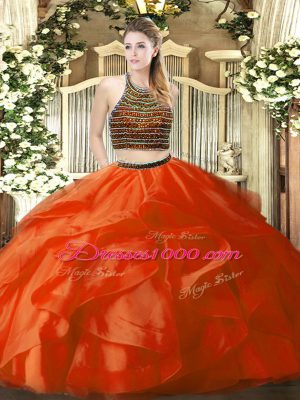 Lovely Orange Red Zipper Halter Top Beading and Ruffles Sweet 16 Dresses Organza Sleeveless