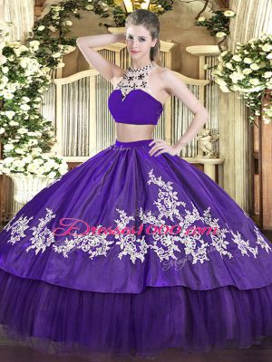 Two Pieces Quinceanera Dress Purple High-neck Tulle Sleeveless Floor Length Backless