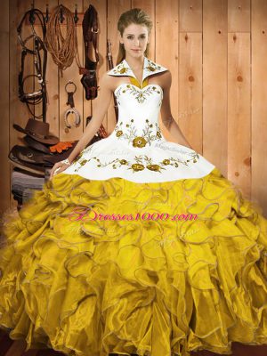 Elegant Gold Sleeveless Satin and Organza Lace Up Vestidos de Quinceanera for Military Ball and Sweet 16 and Quinceanera