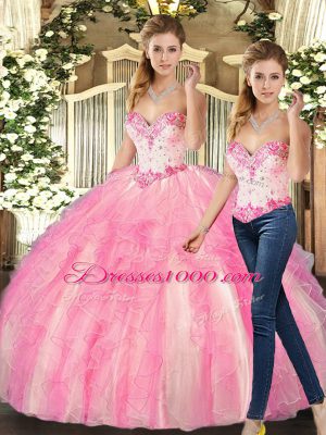 Excellent Rose Pink Sleeveless Beading and Ruffles Floor Length Vestidos de Quinceanera